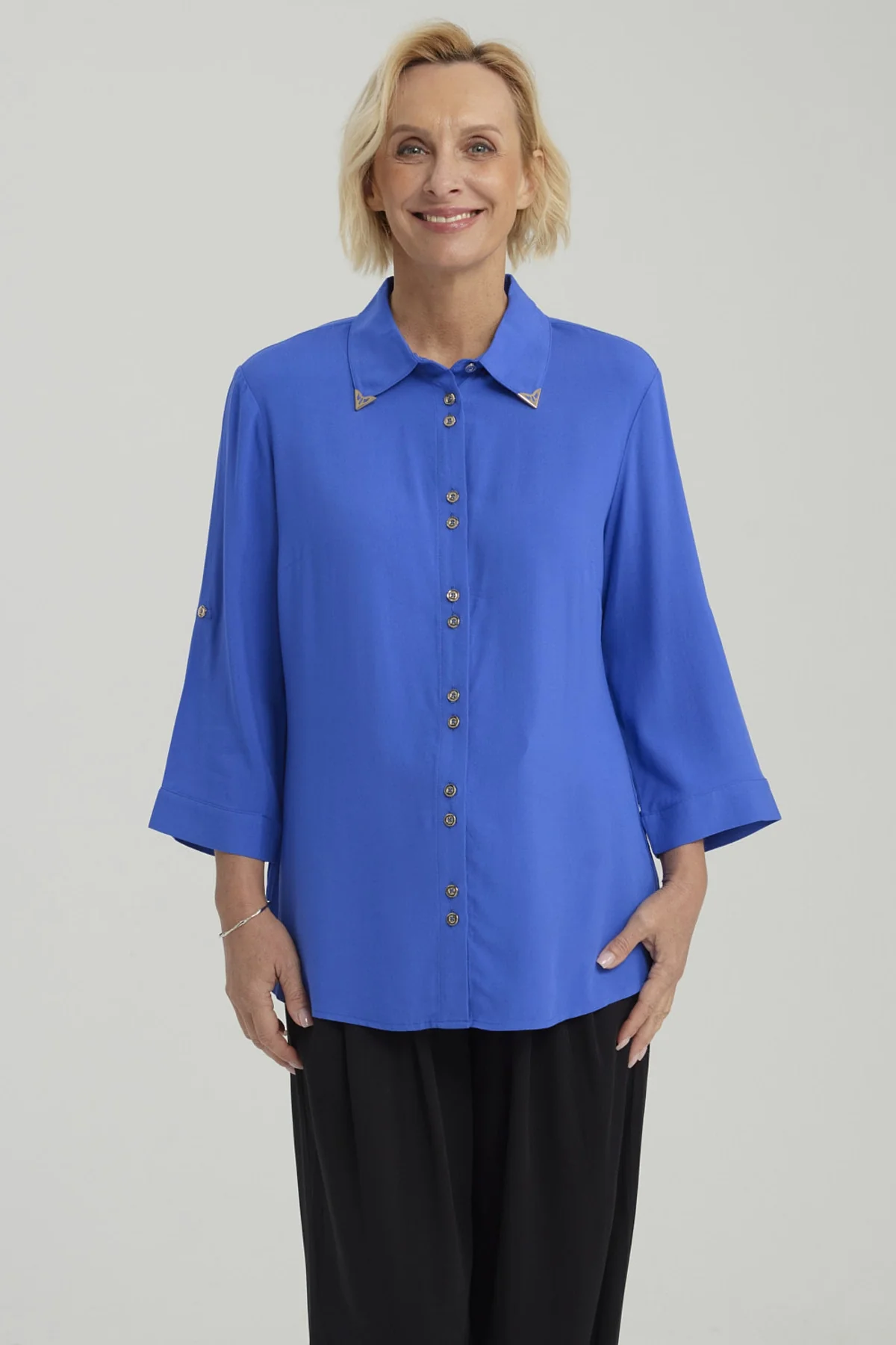 Blusa Mujer Abotonada Roll Up Azulino
