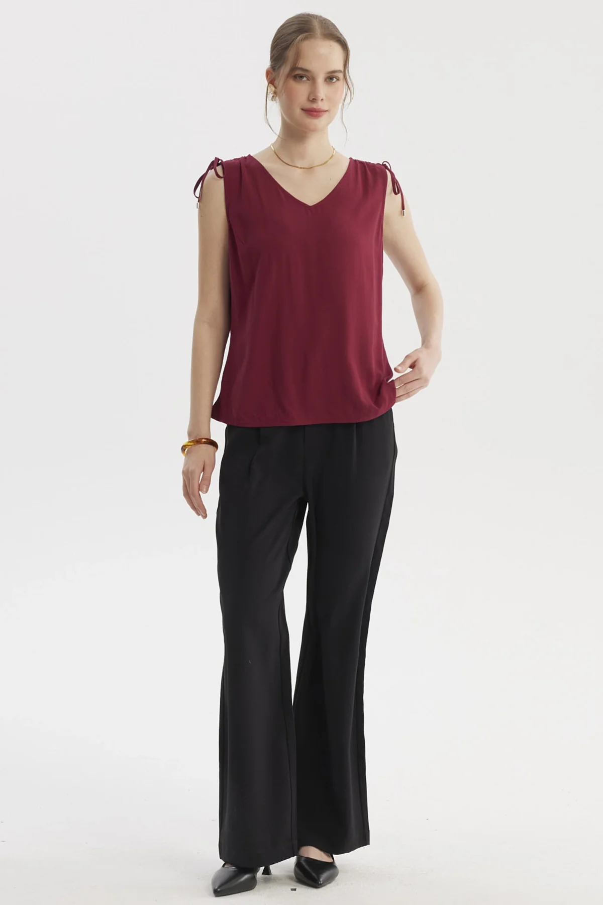 Blusa Mujer Blusa Amarra Aplicación Vino - Image 4