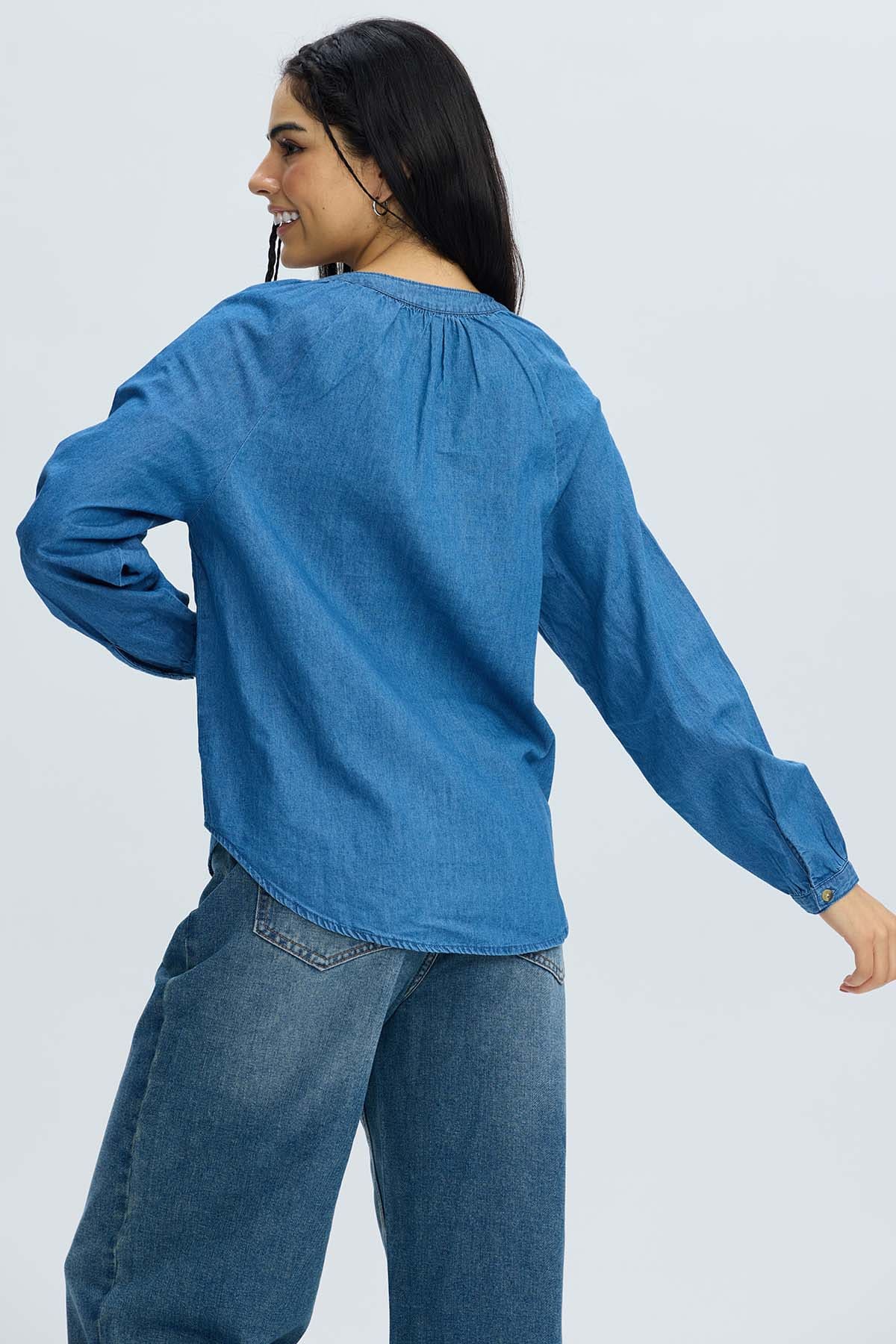 Blusa Mujer Boho Manga Ancha Azul - Image 3