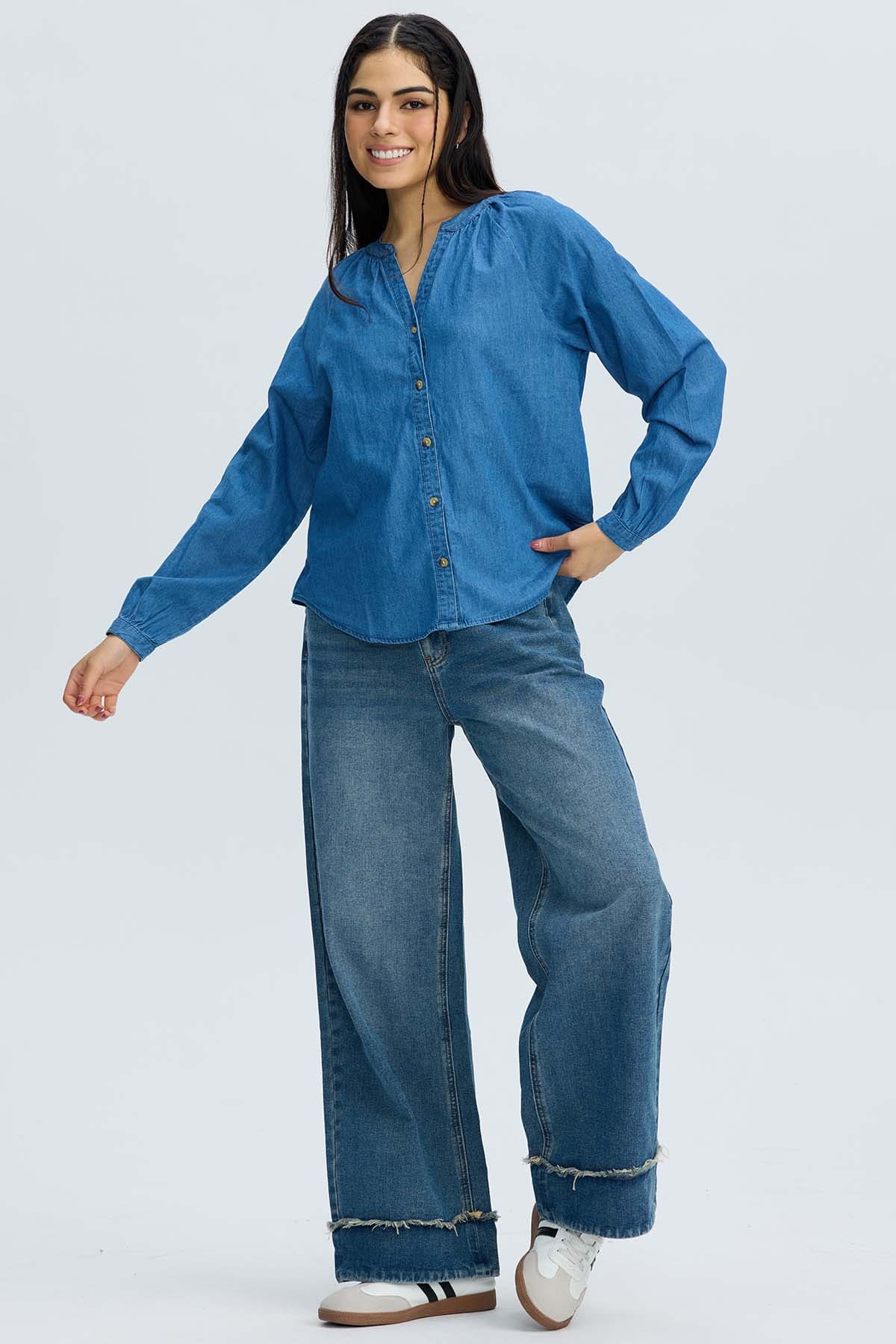 Blusa Mujer Boho Manga Ancha Azul - Image 4