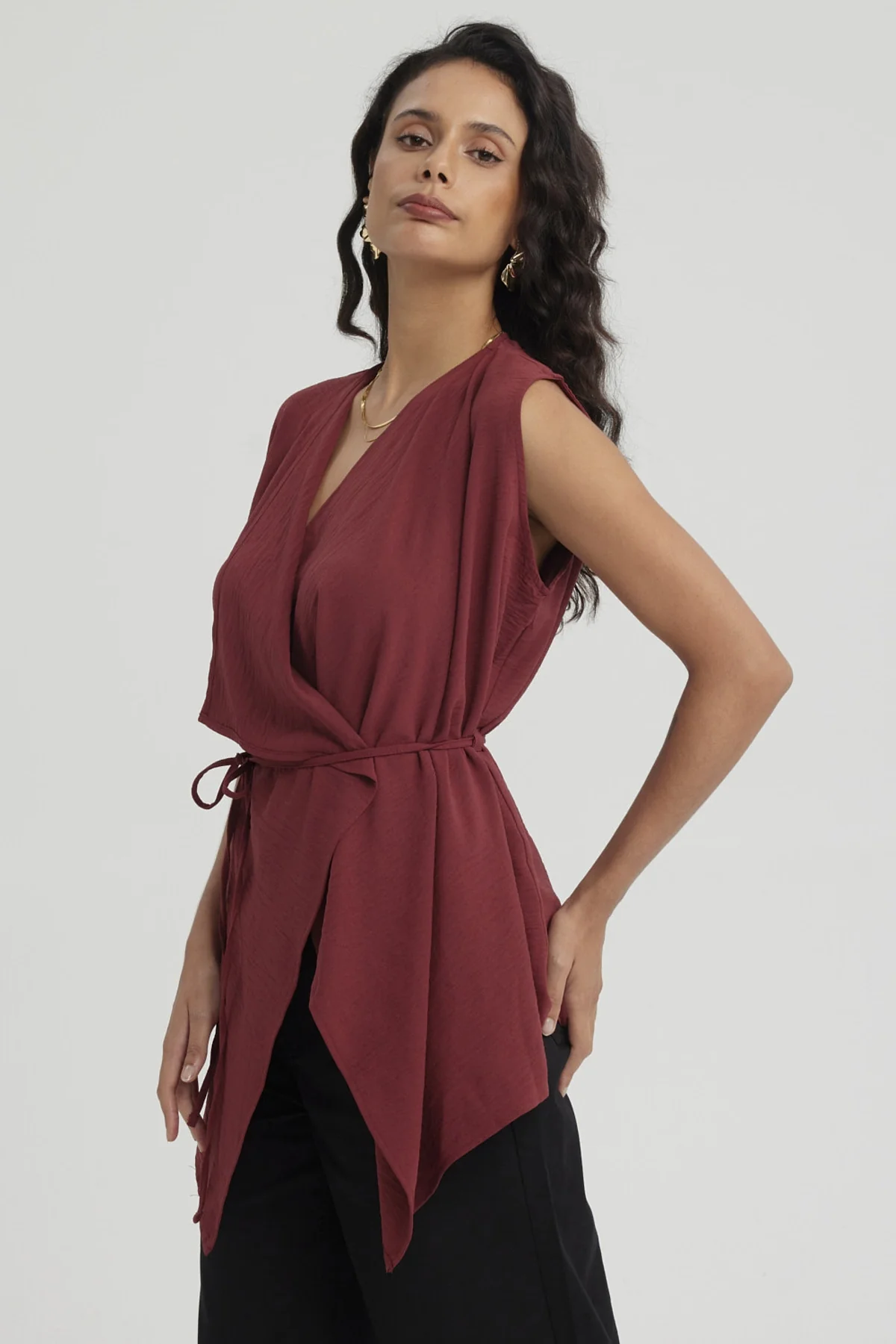 Blusa Mujer Cuello Camisero Vino - Image 2