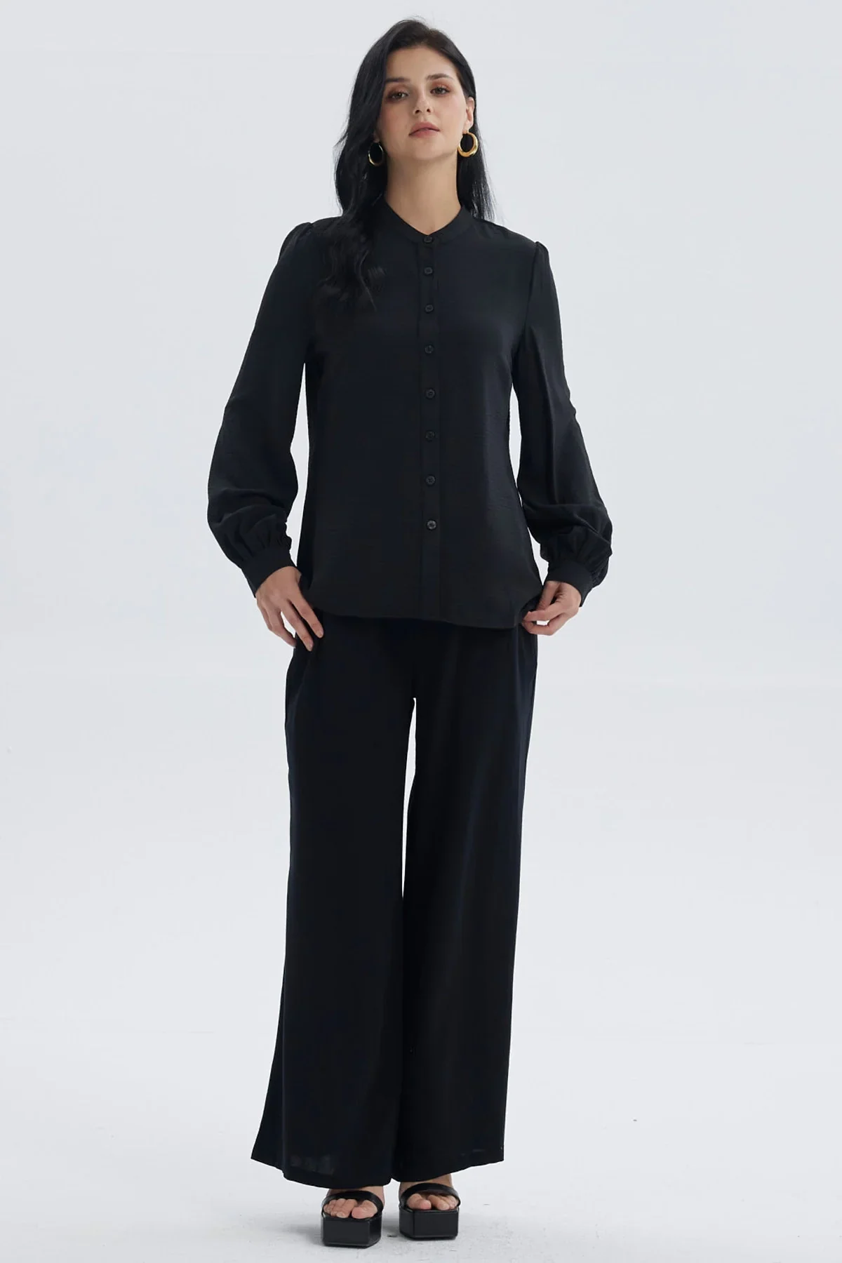 Blusa Mujer Manga Ancha Pata Botón Negro - Image 4