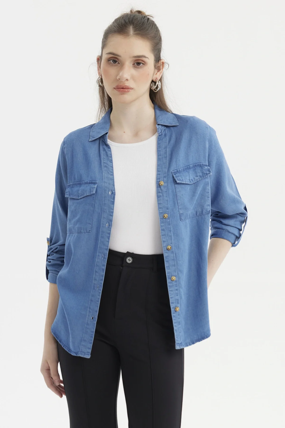 Blusa Mujer Manga Roll Up Azul