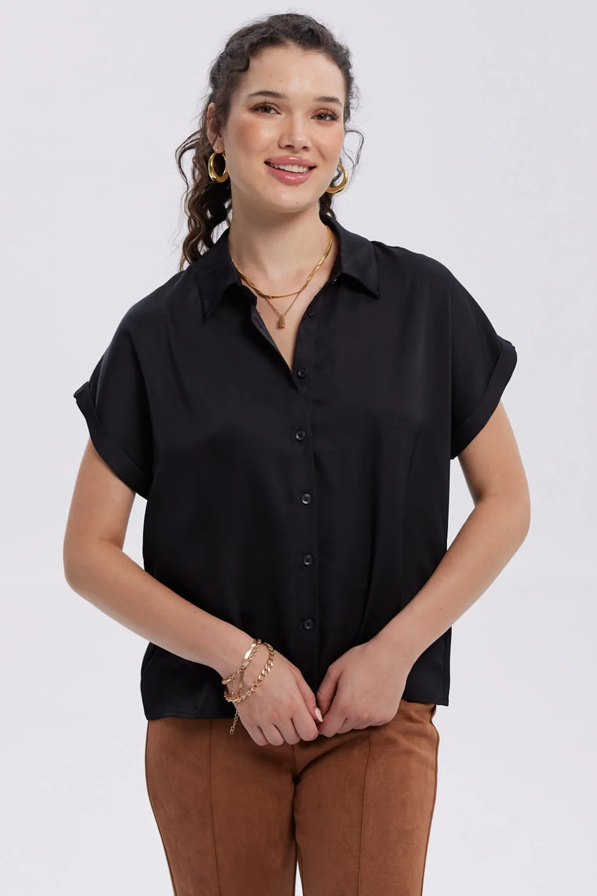 Blusa Mujer Satín Abotonada Negro