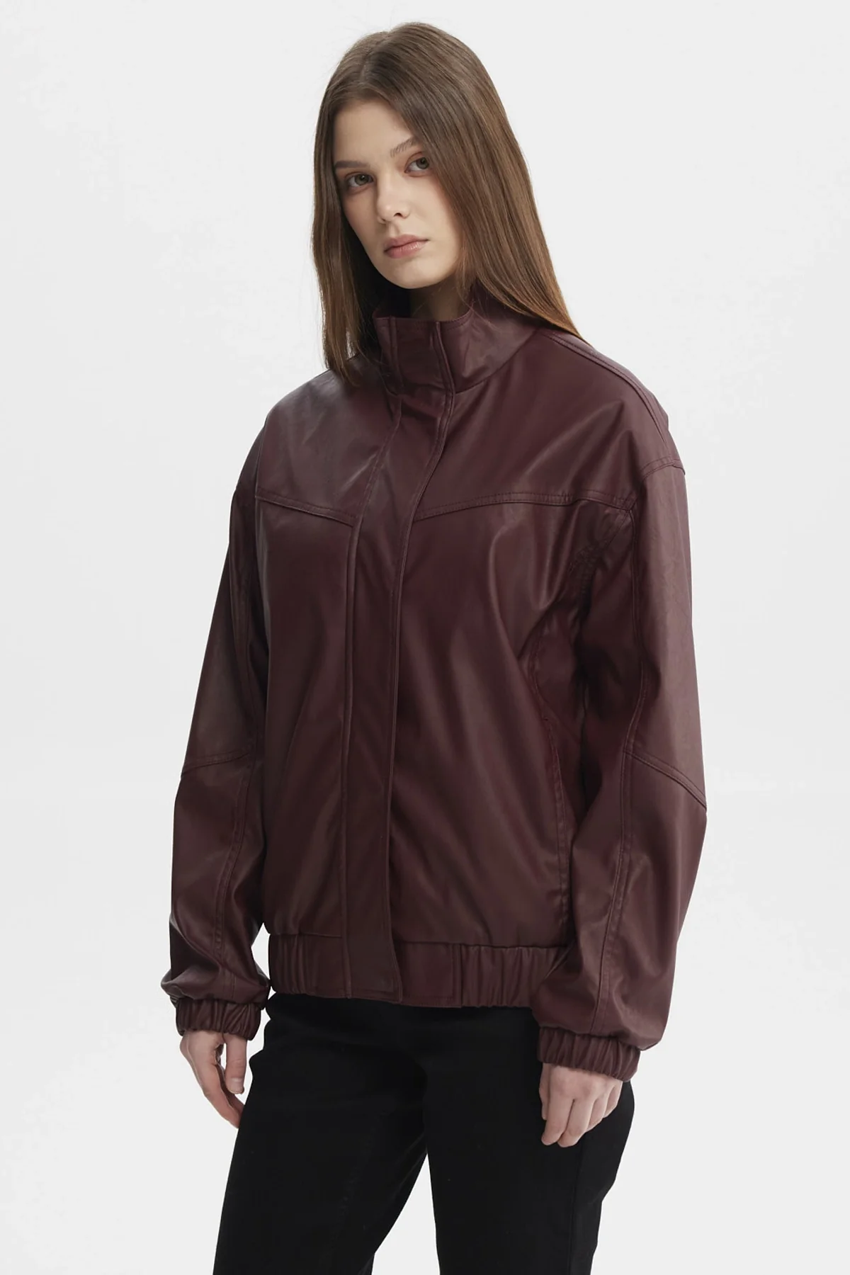 Chaqueta Mujer Oversize Efecto Cuero Vino Oscuro - Image 2