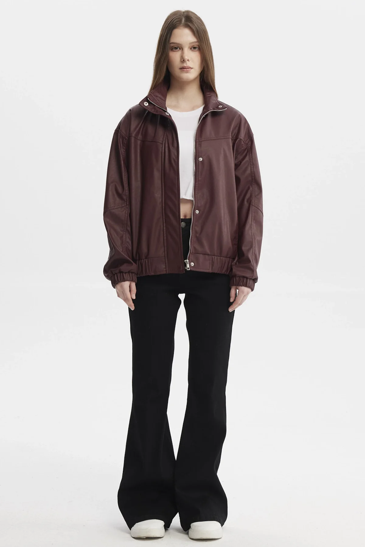 Chaqueta Mujer Oversize Efecto Cuero Vino Oscuro - Image 4