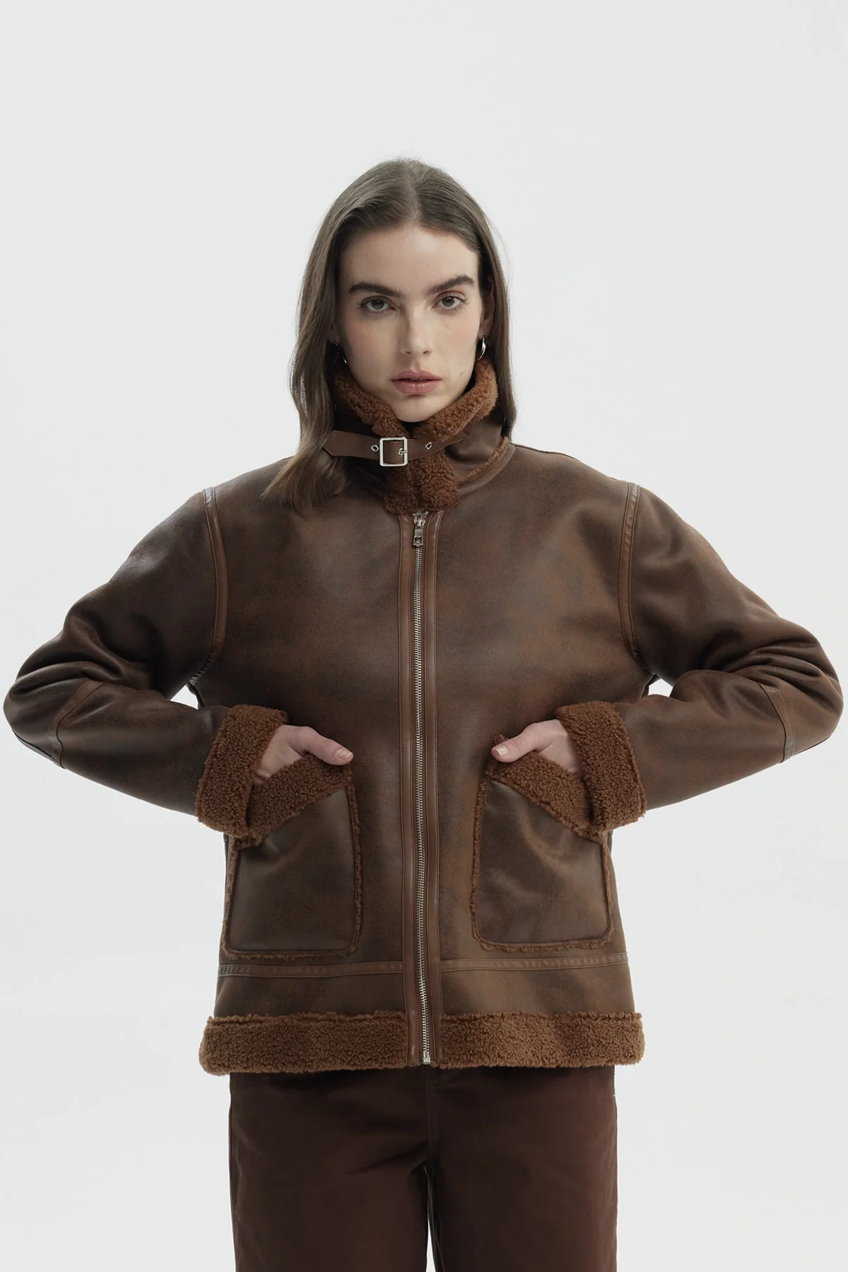 Chaqueta Mujer Slim Cuello Camisero Camel Oscuro