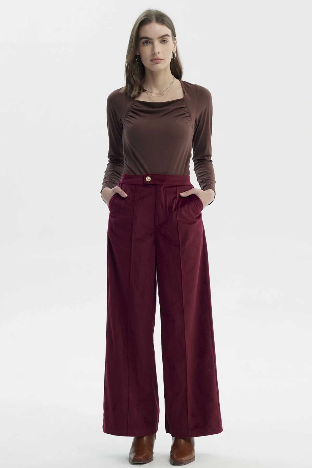Pantalón Mujer Cotelé Botón Burdeo - Image 4