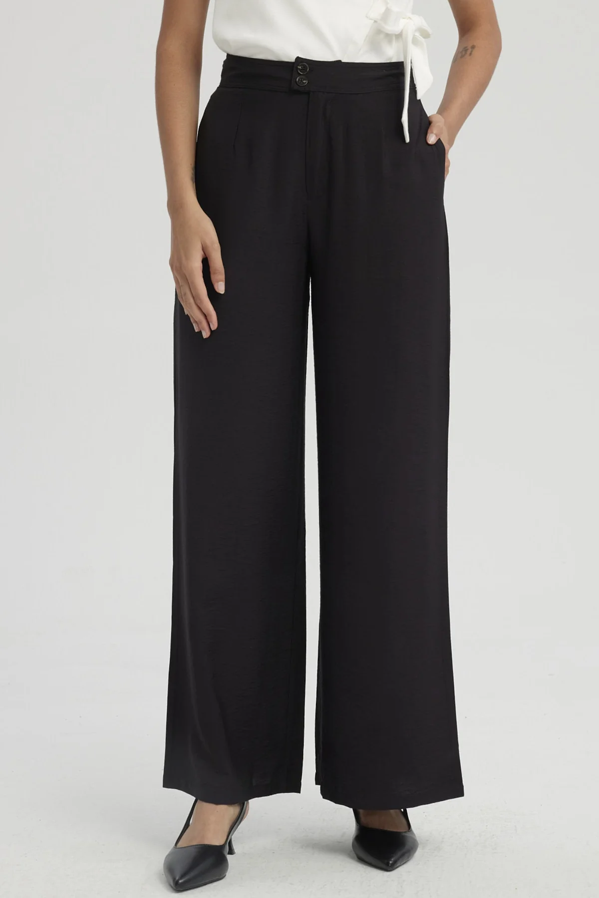 Pantalón Mujer Palazzo Con Bolsillo Negro