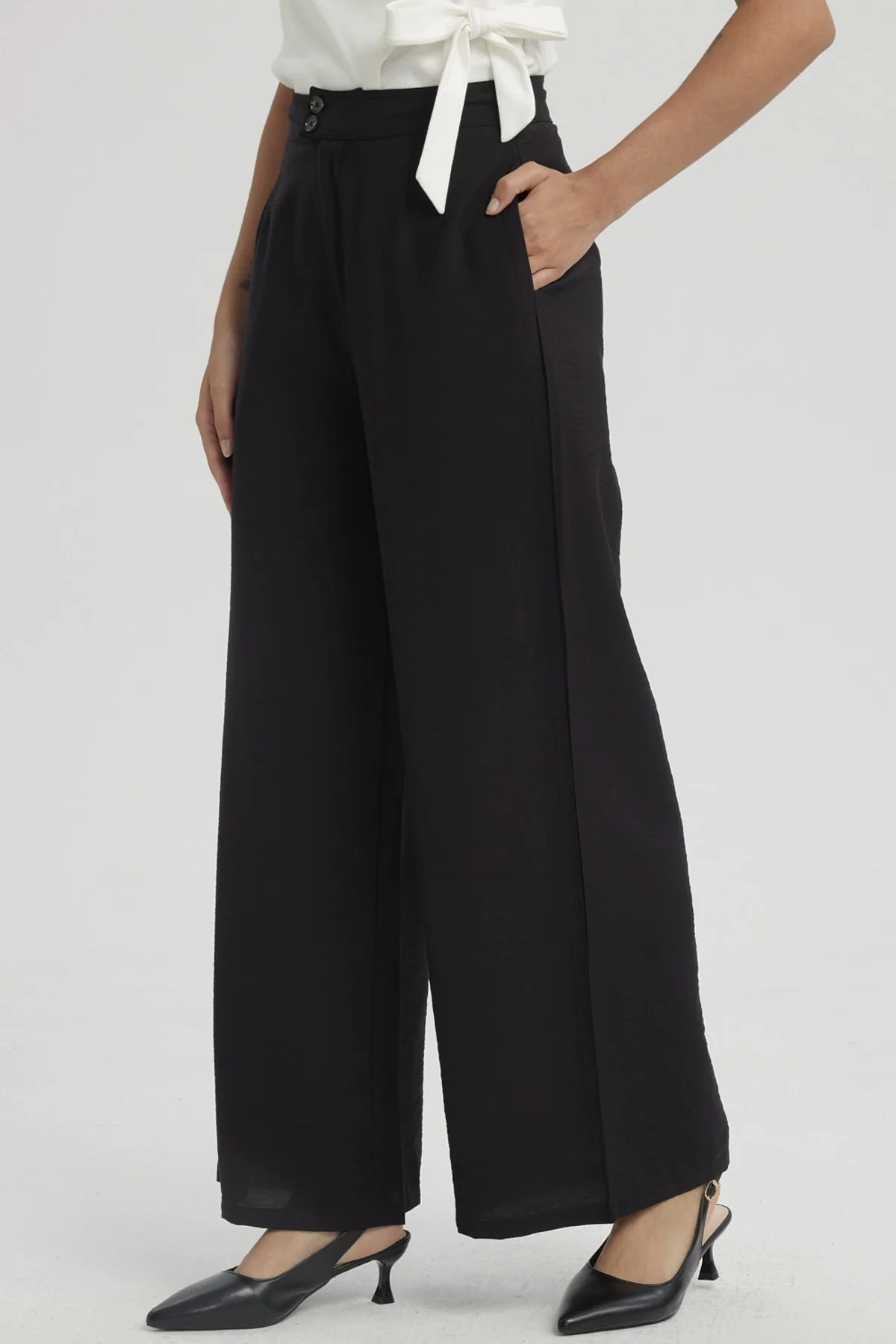 Pantalón Mujer Palazzo Con Bolsillo Negro - Image 2