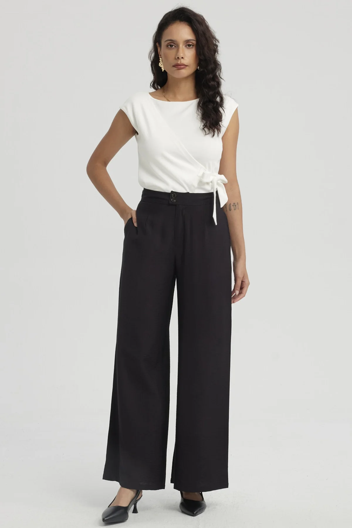 Pantalón Mujer Palazzo Con Bolsillo Negro - Image 4