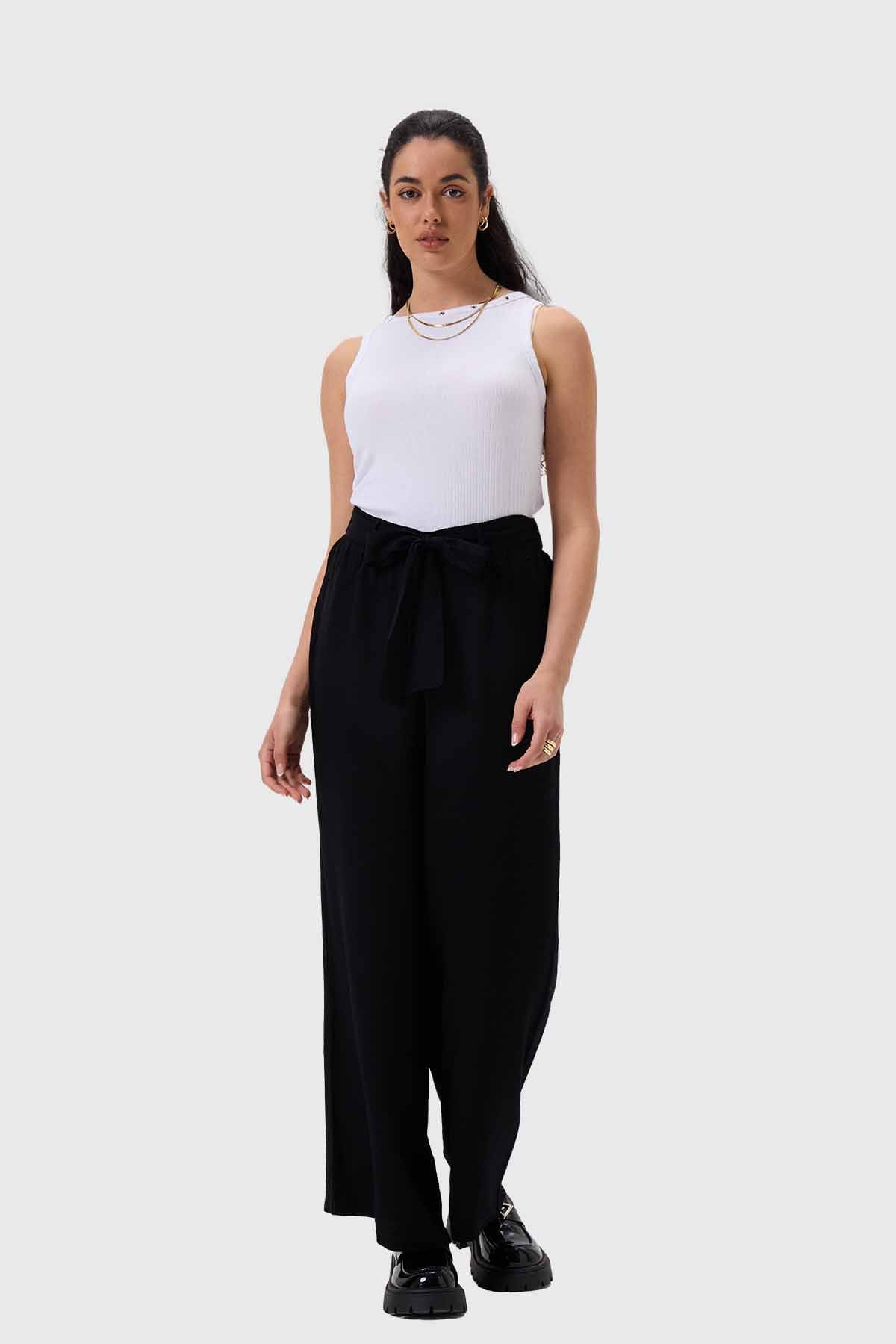 Pantalón Mujer Pallazzo Cortes Delanteros Negro - Image 4