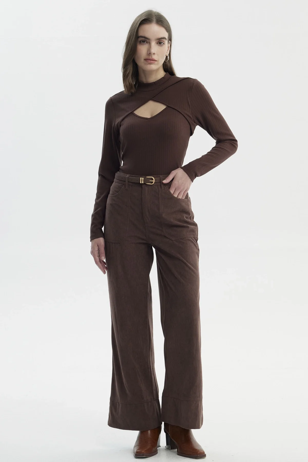 Pantalón Mujer Wide Leg Cotelé Café Claro - Image 4