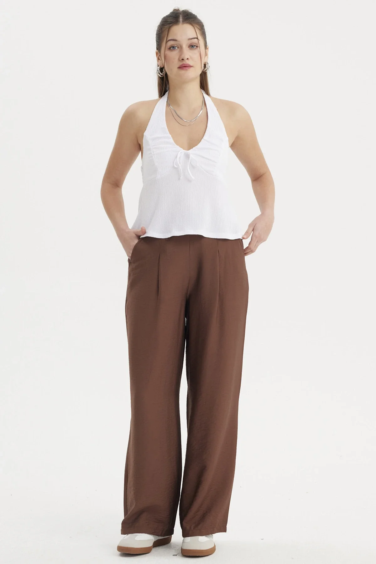 Pantalón Mujer Wide Leg Viscosa Pretina Cordón Café - Image 4
