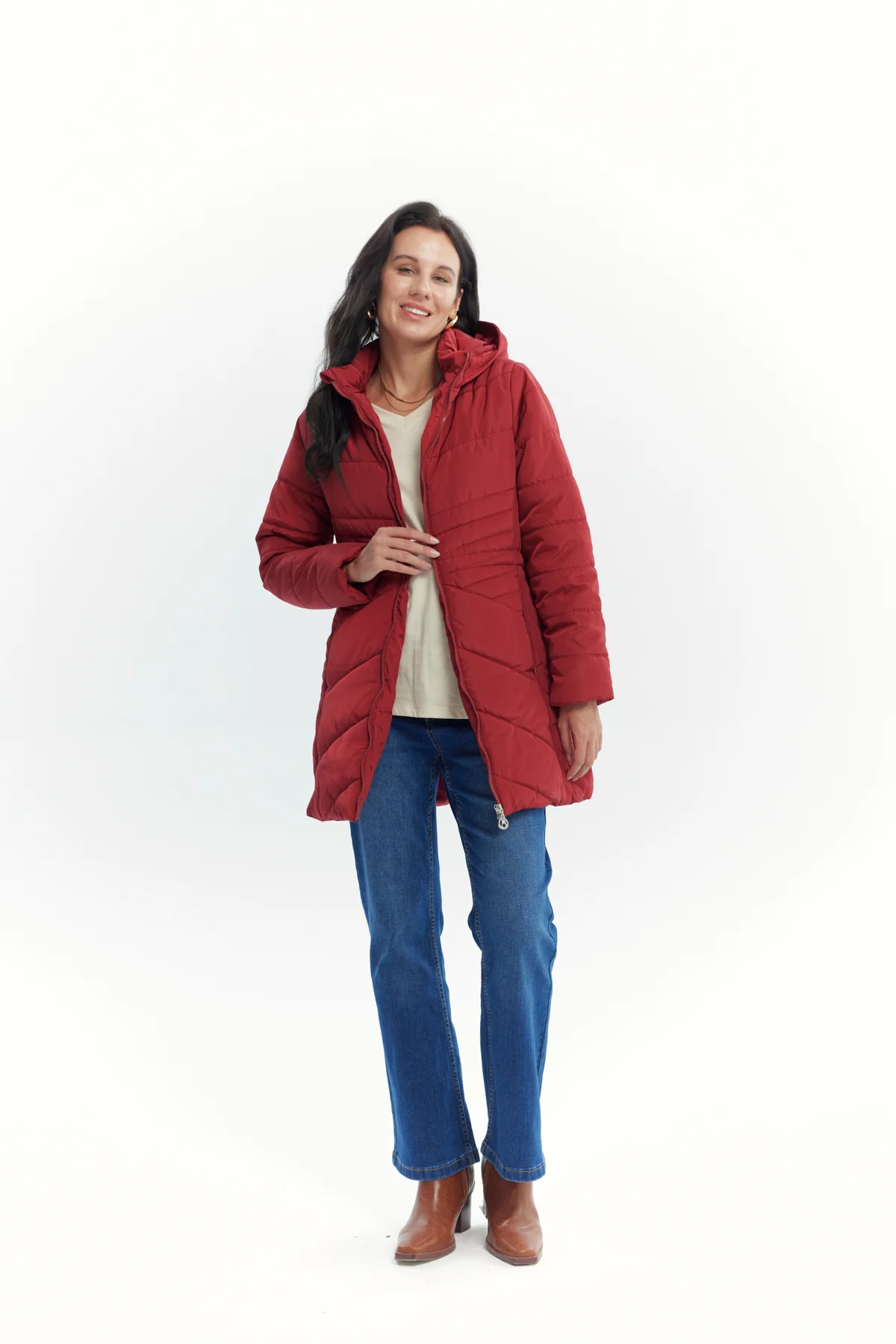 Parka Mujer Con Gorro Corte Rojo Oscuro - Image 4