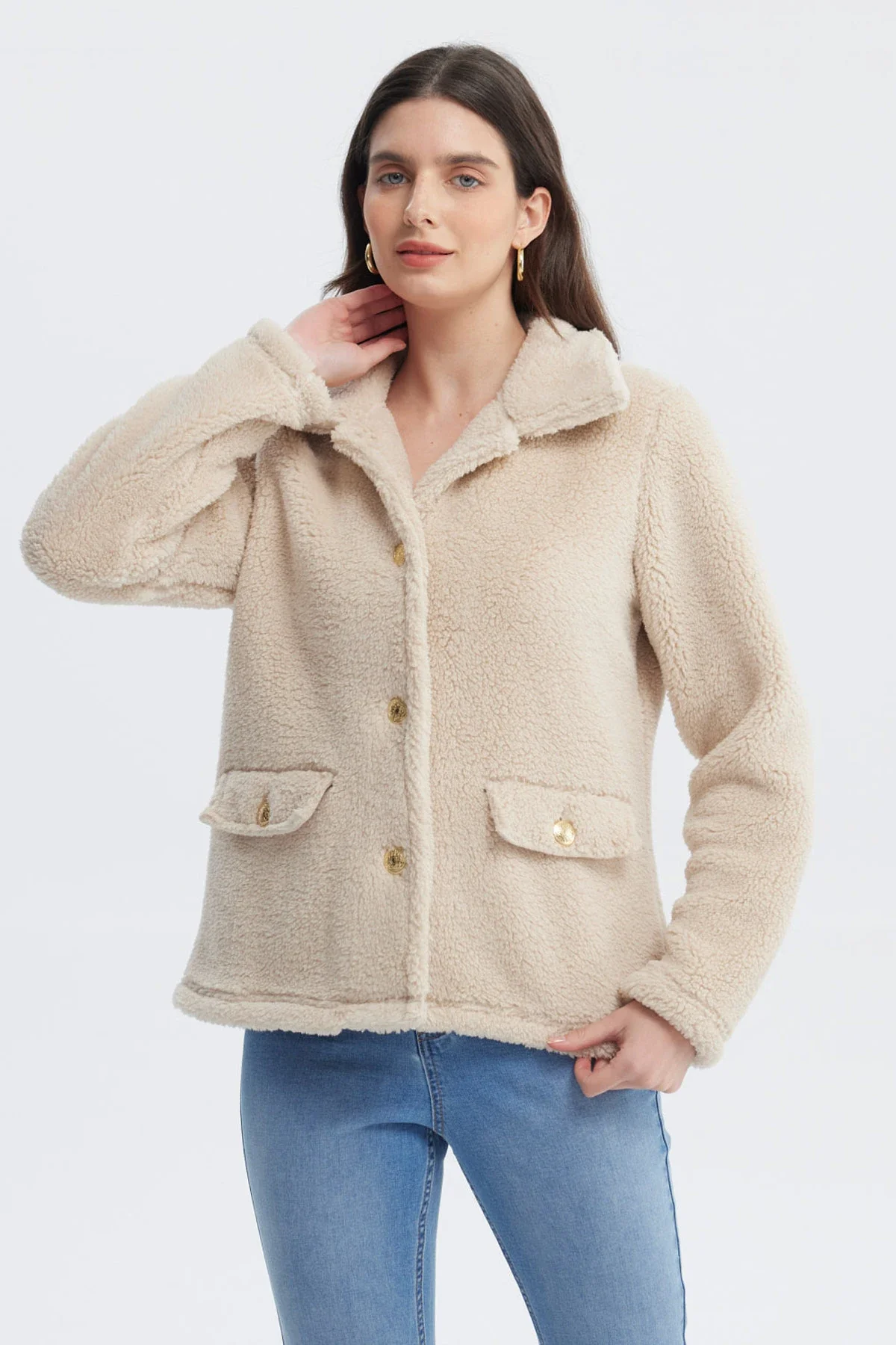 Polar Mujer Cuello Camisero Beige