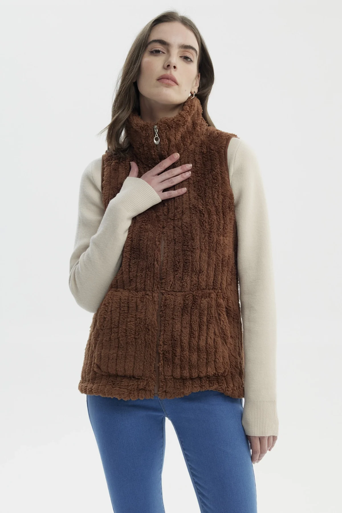 Polar Mujer Peludo Con Textura Camel Oscuro