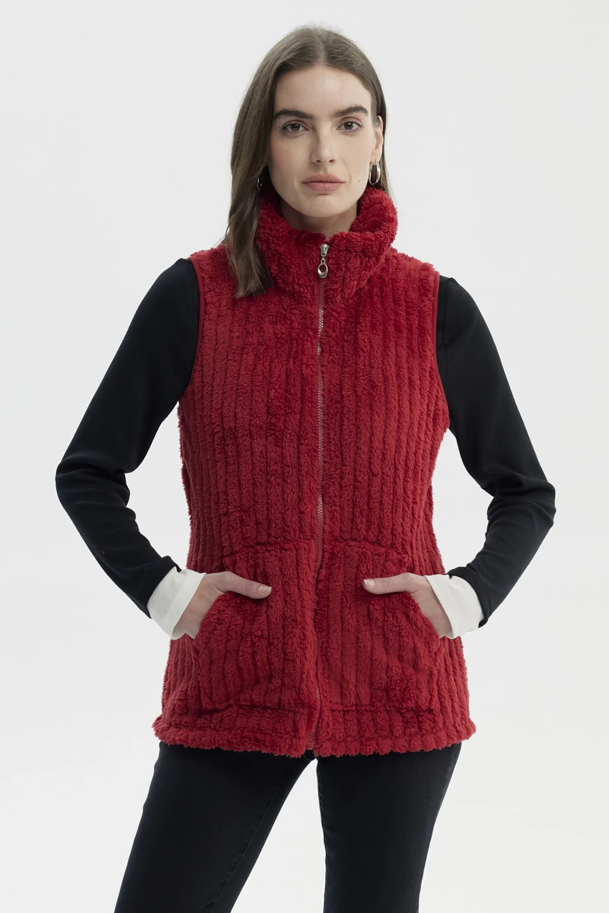 Polar Mujer Peludo Con Textura Rojo Oscuro