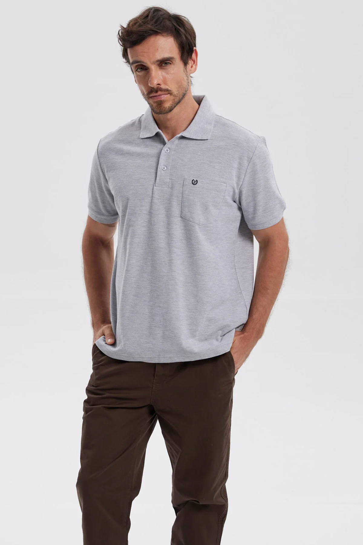 Polera Hombre Pique Básica Lisa Gris Melange