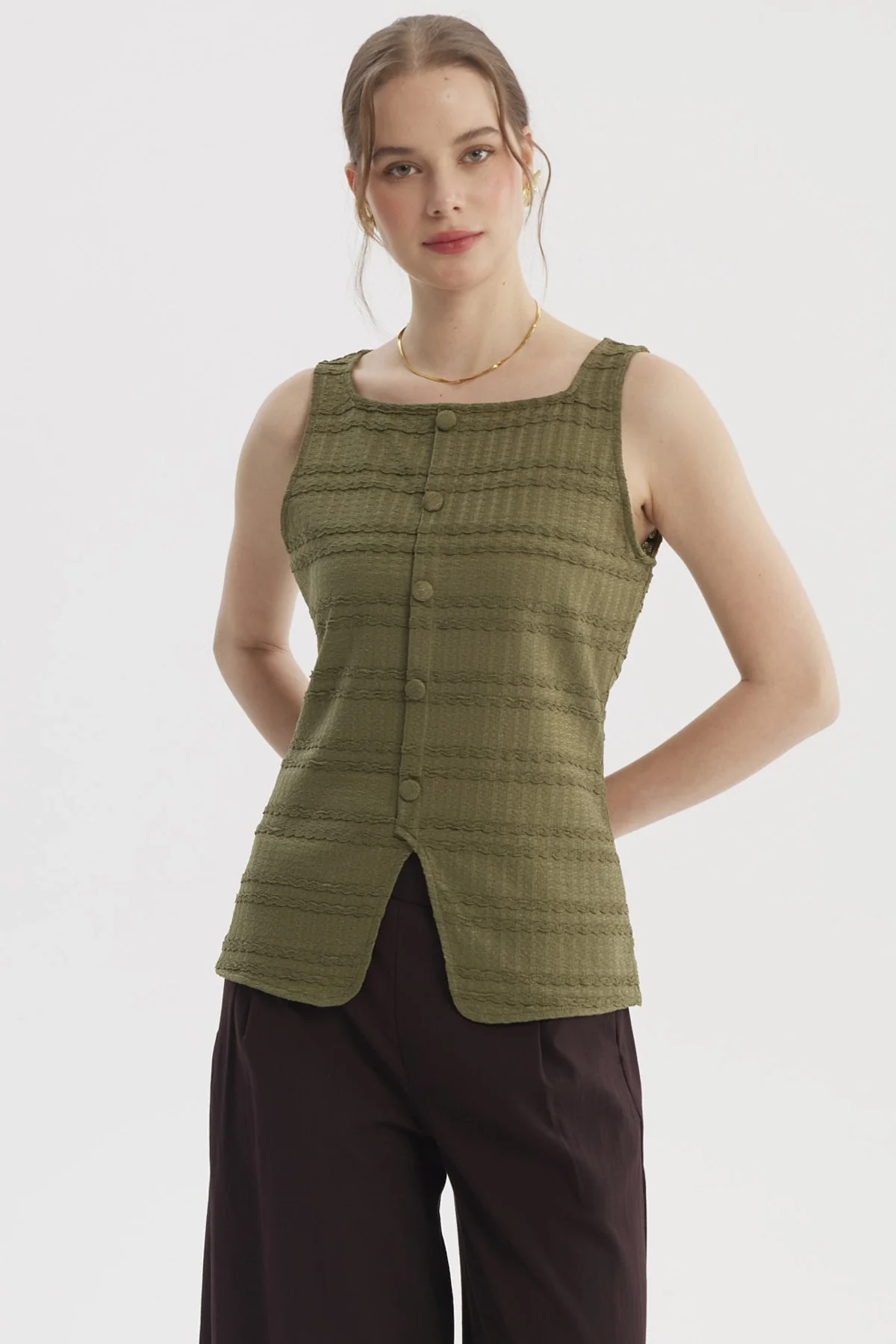 Polera Mujer Cuello Cuadrado Verde Olivo