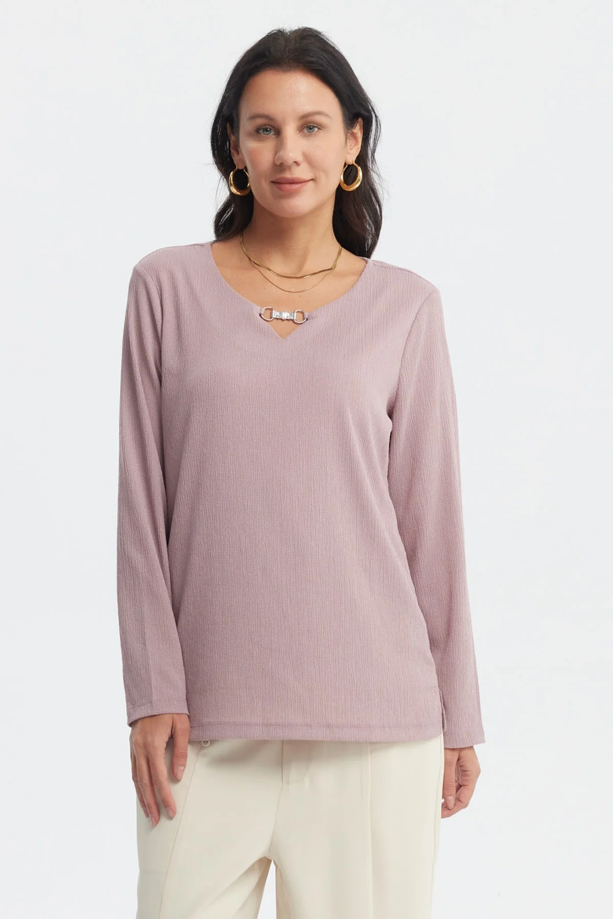Polera Mujer Detalle Cuello Malva