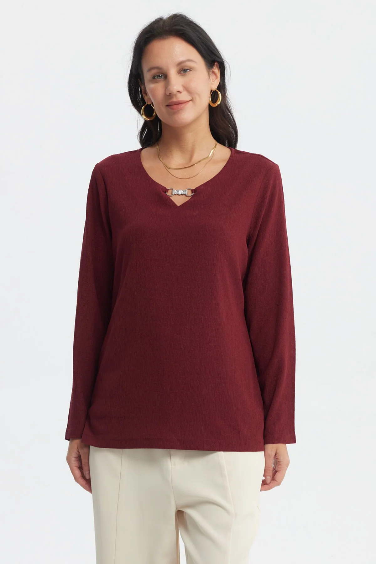 Polera Mujer Detalle Cuello Rojo