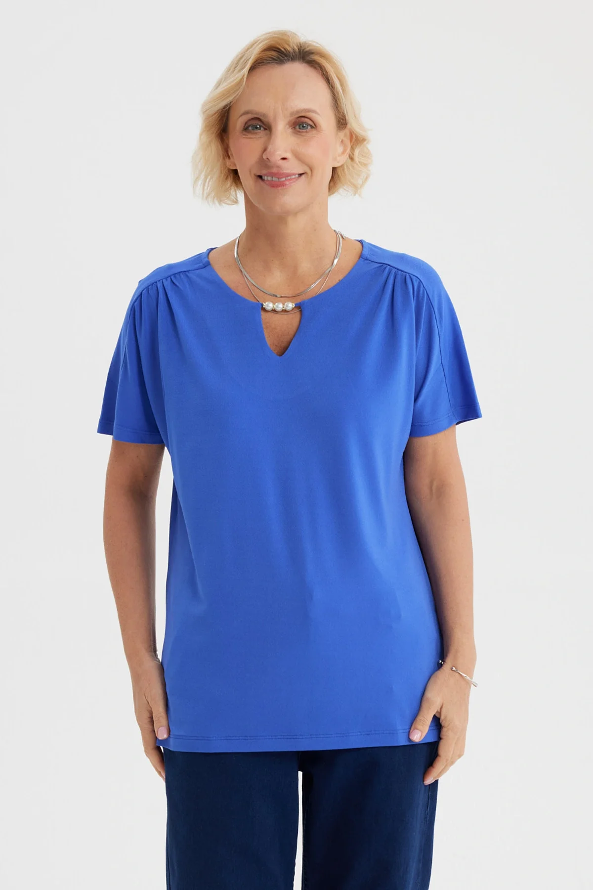 Polera Mujer Detalle Perlas Azulino