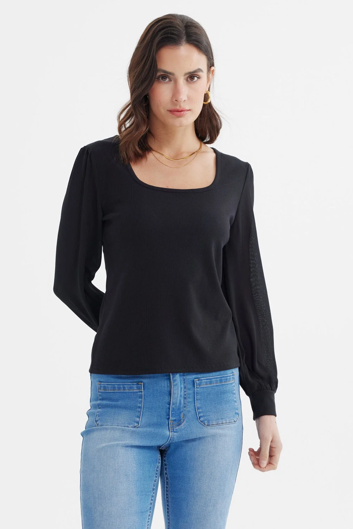 Polera Mujer Globo Escote Cuadrado Negro