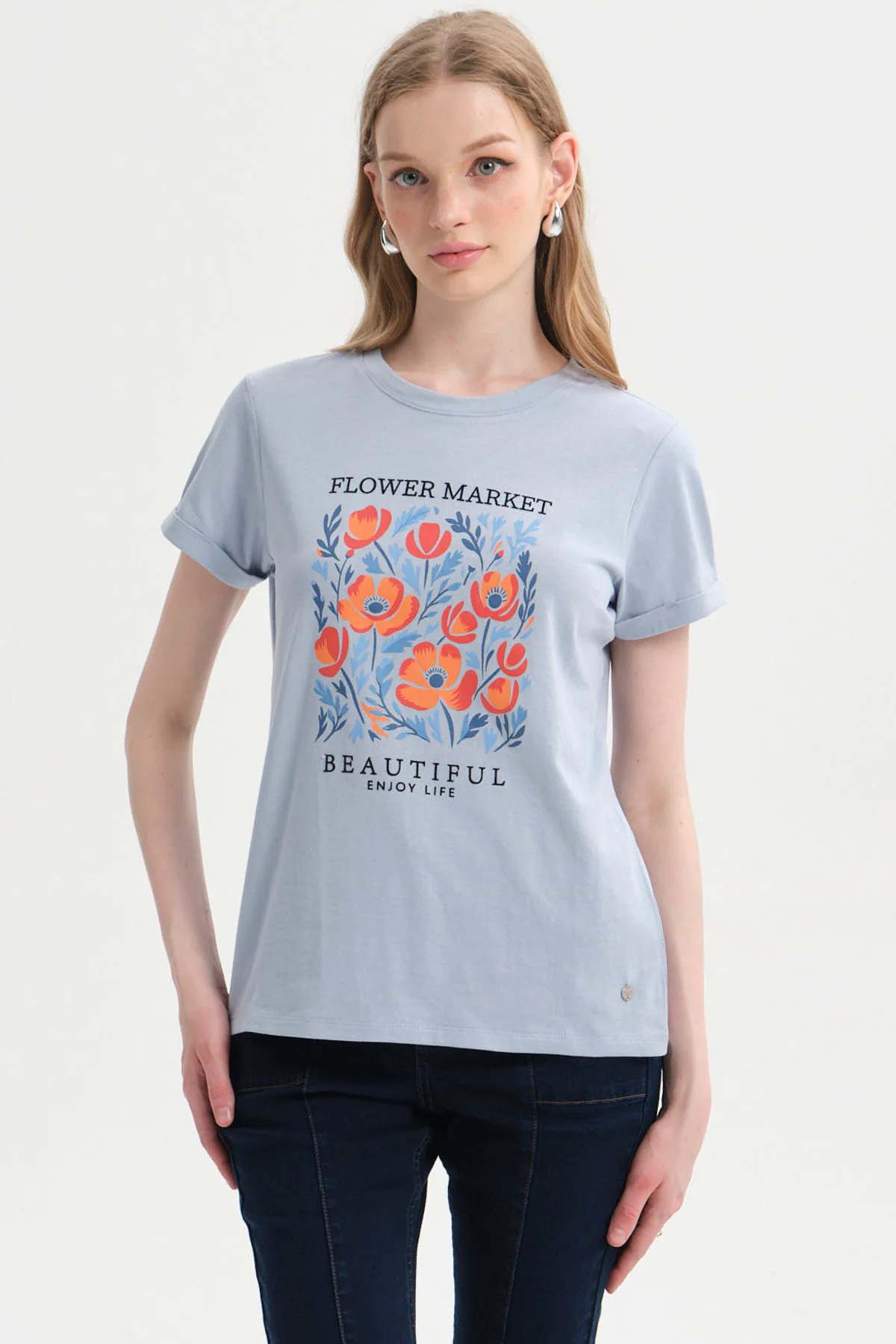 Polera Mujer Gráfica Roll Up Celeste