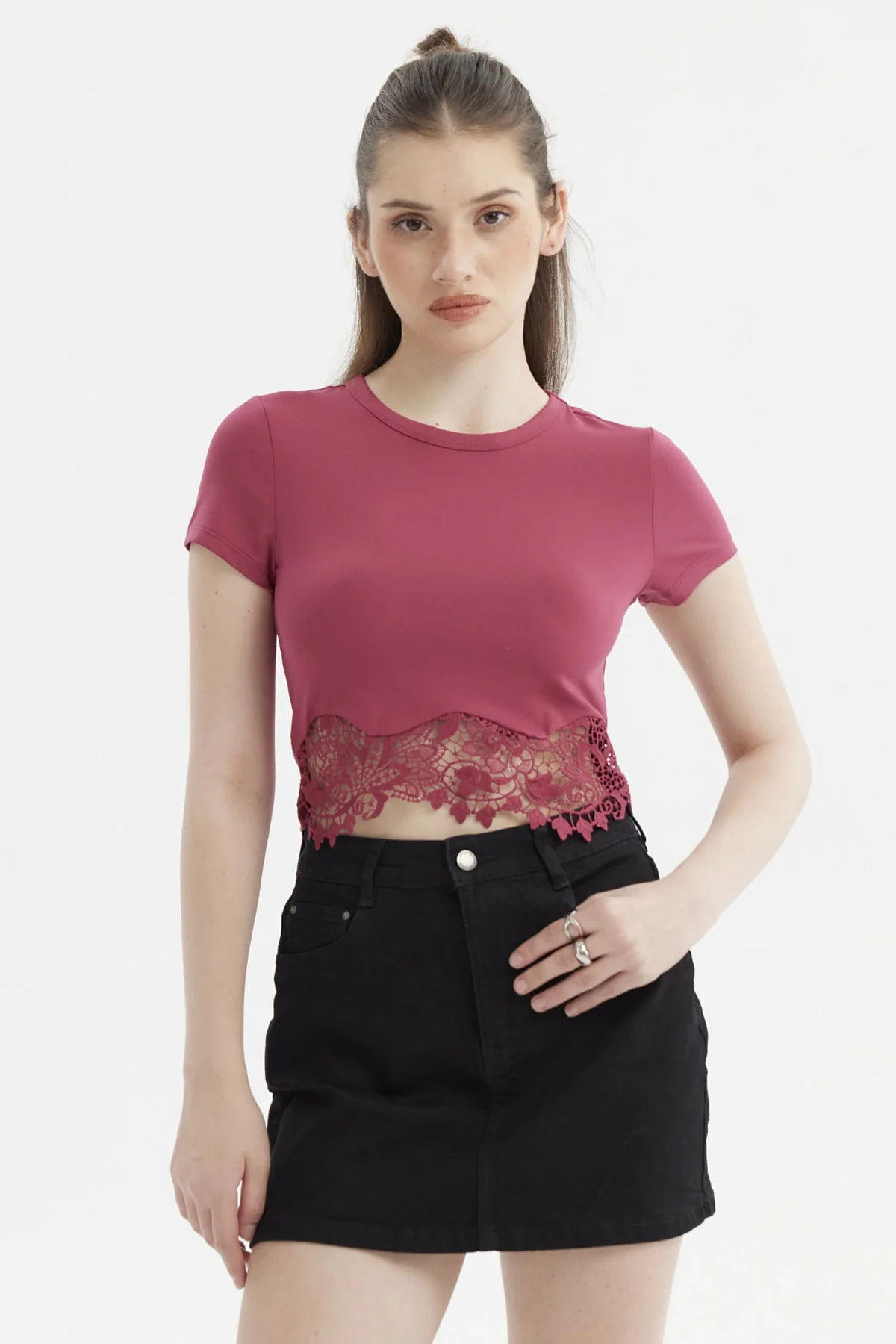 Polera Mujer Lisa Basta Encaje Magenta