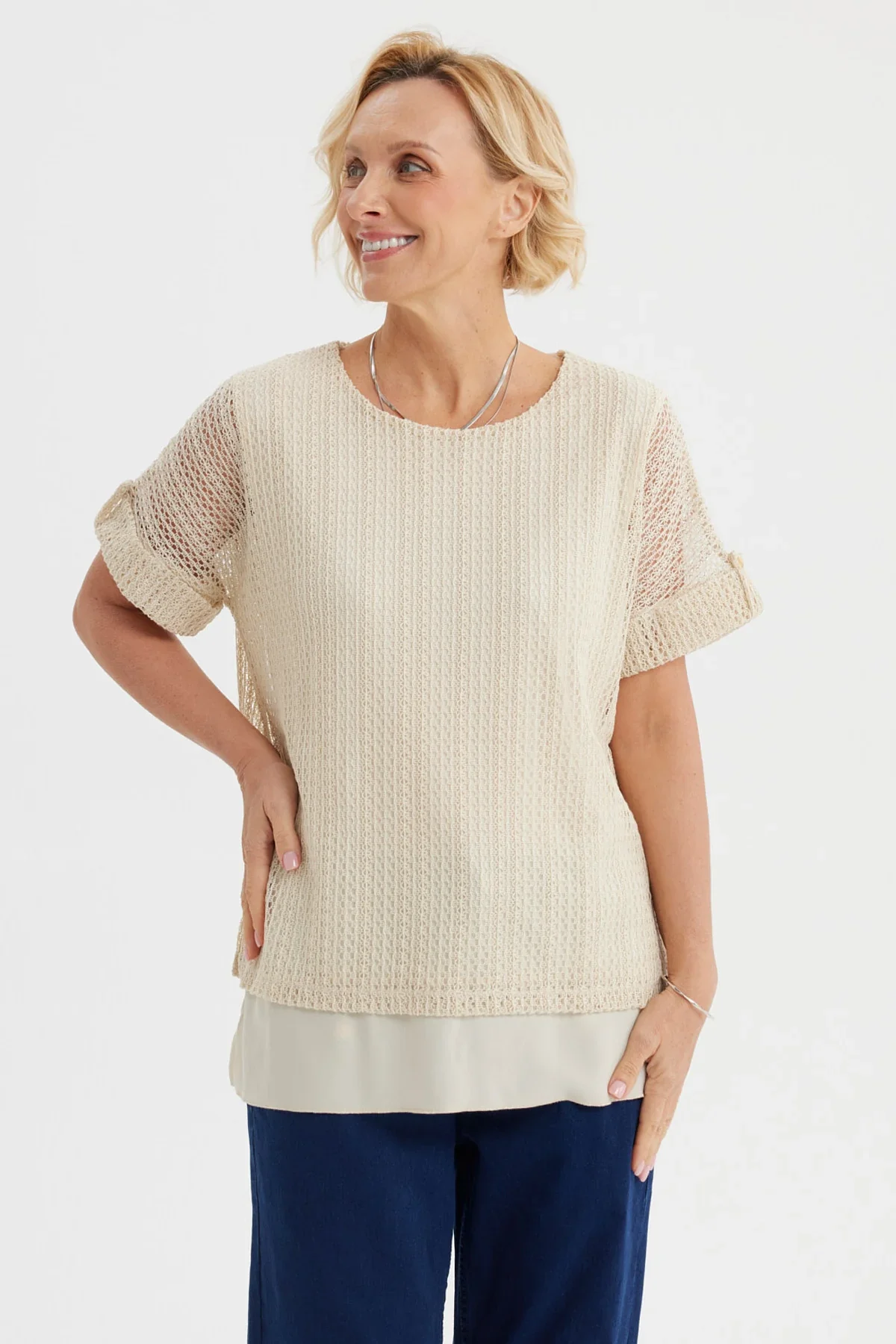 Polera Mujer Malla Beige Claro