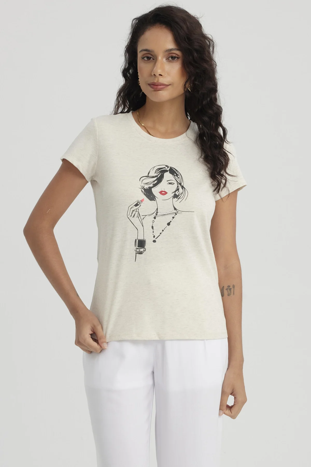 Polera Mujer Print Mujeres Con Aplicación Beige