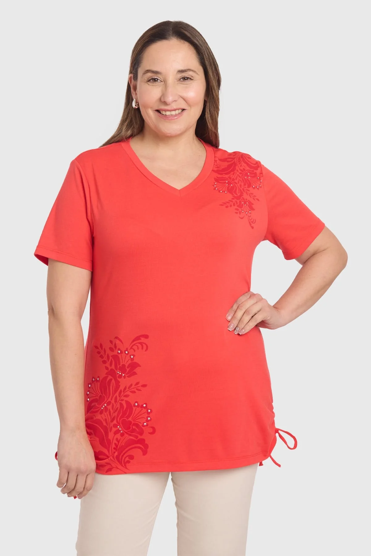 Polera Mujer Print & Strass Coral
