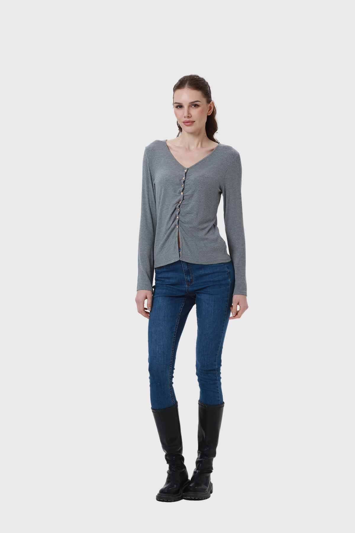 Polera Mujer Recogido Con Botones Gris - Image 4