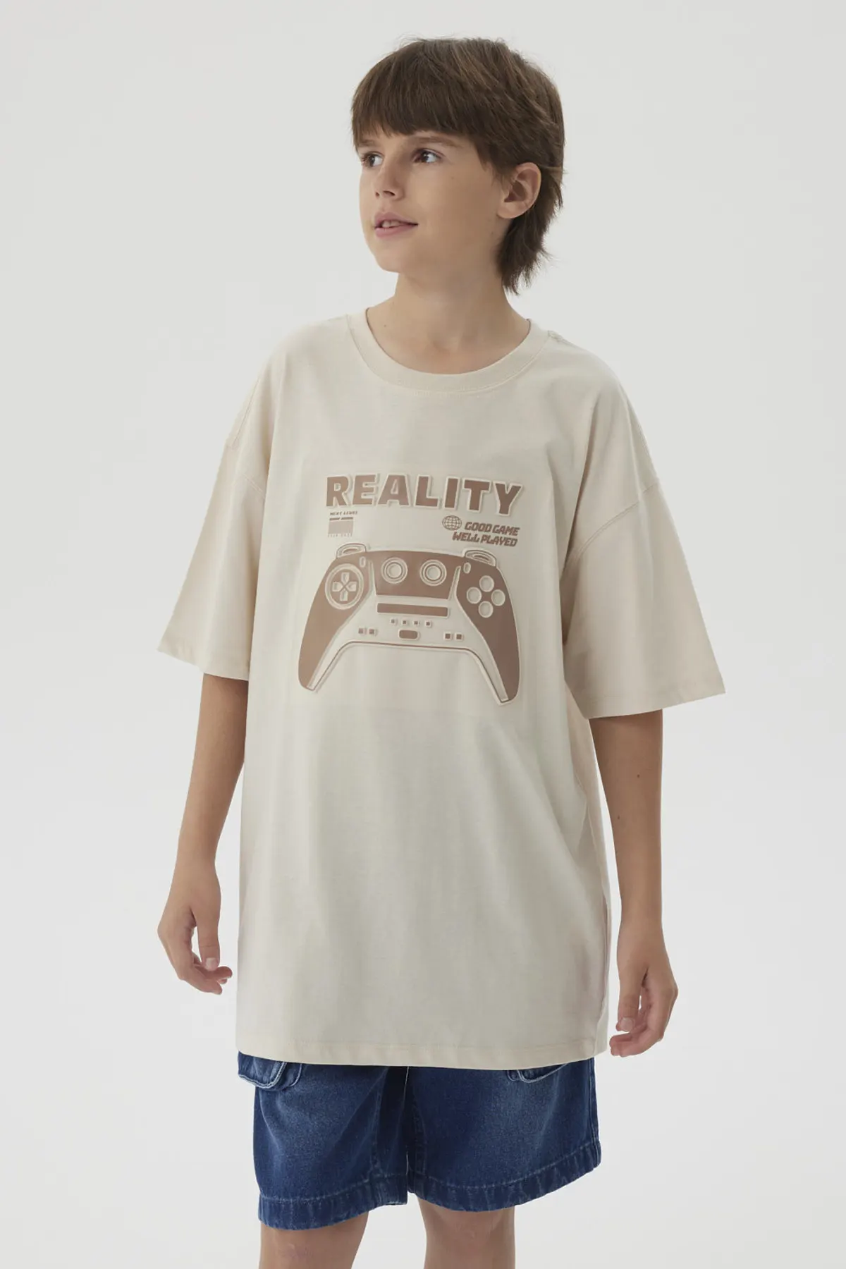 Polera Niño College Print 3D Beige
