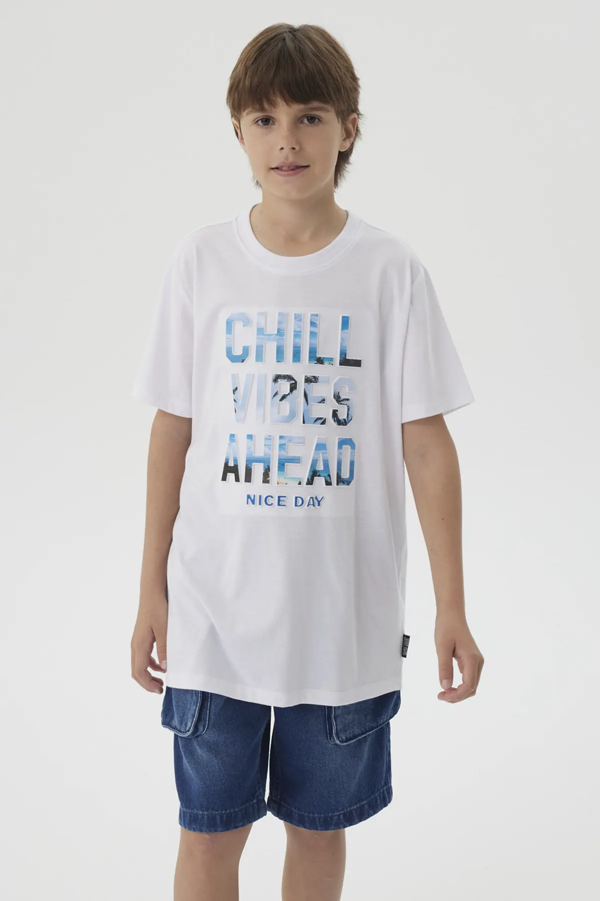 Polera Niño Estampado Playero Blanco