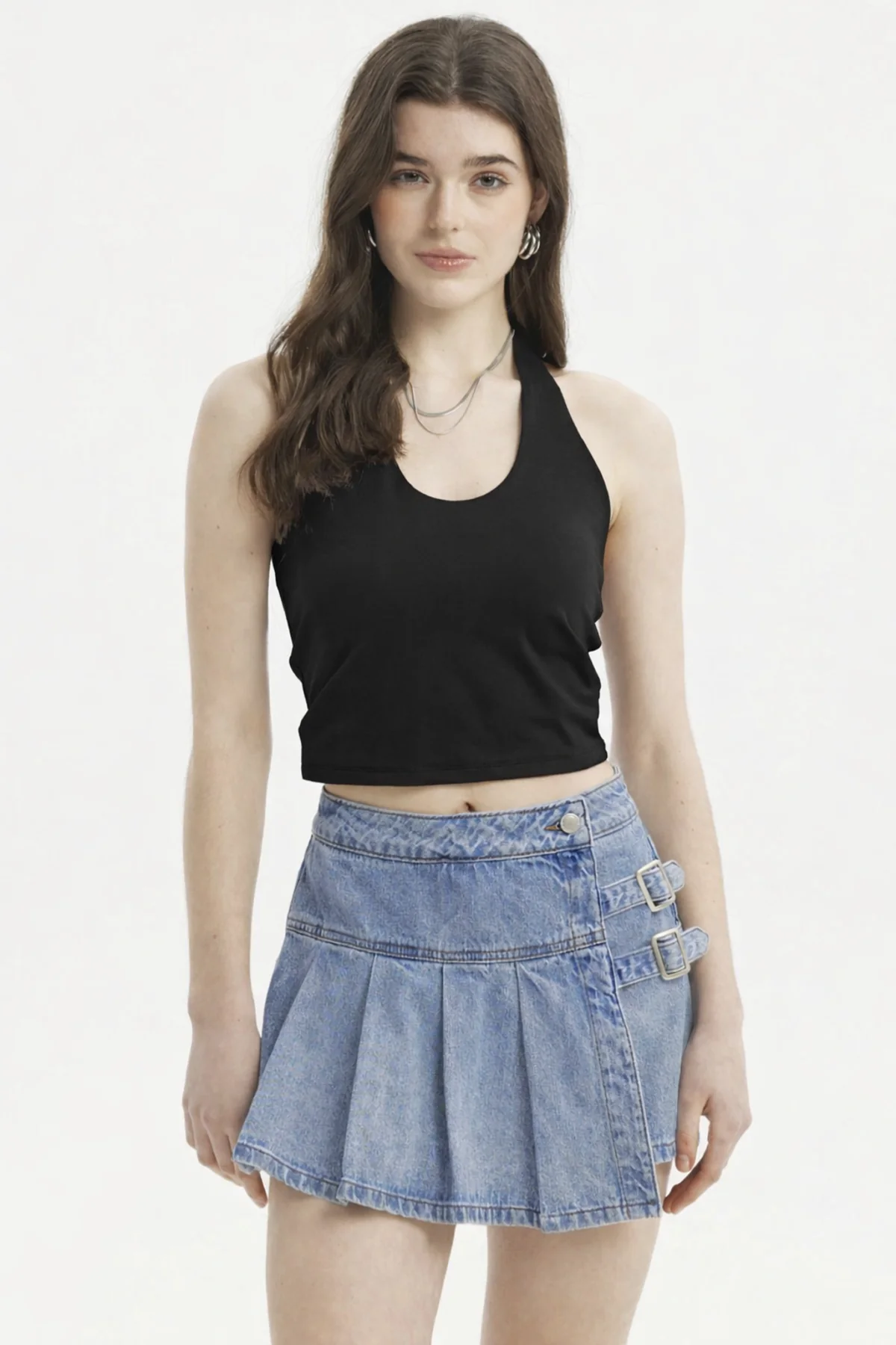 Polera Peto Mujer Halter Liso Crop Negro