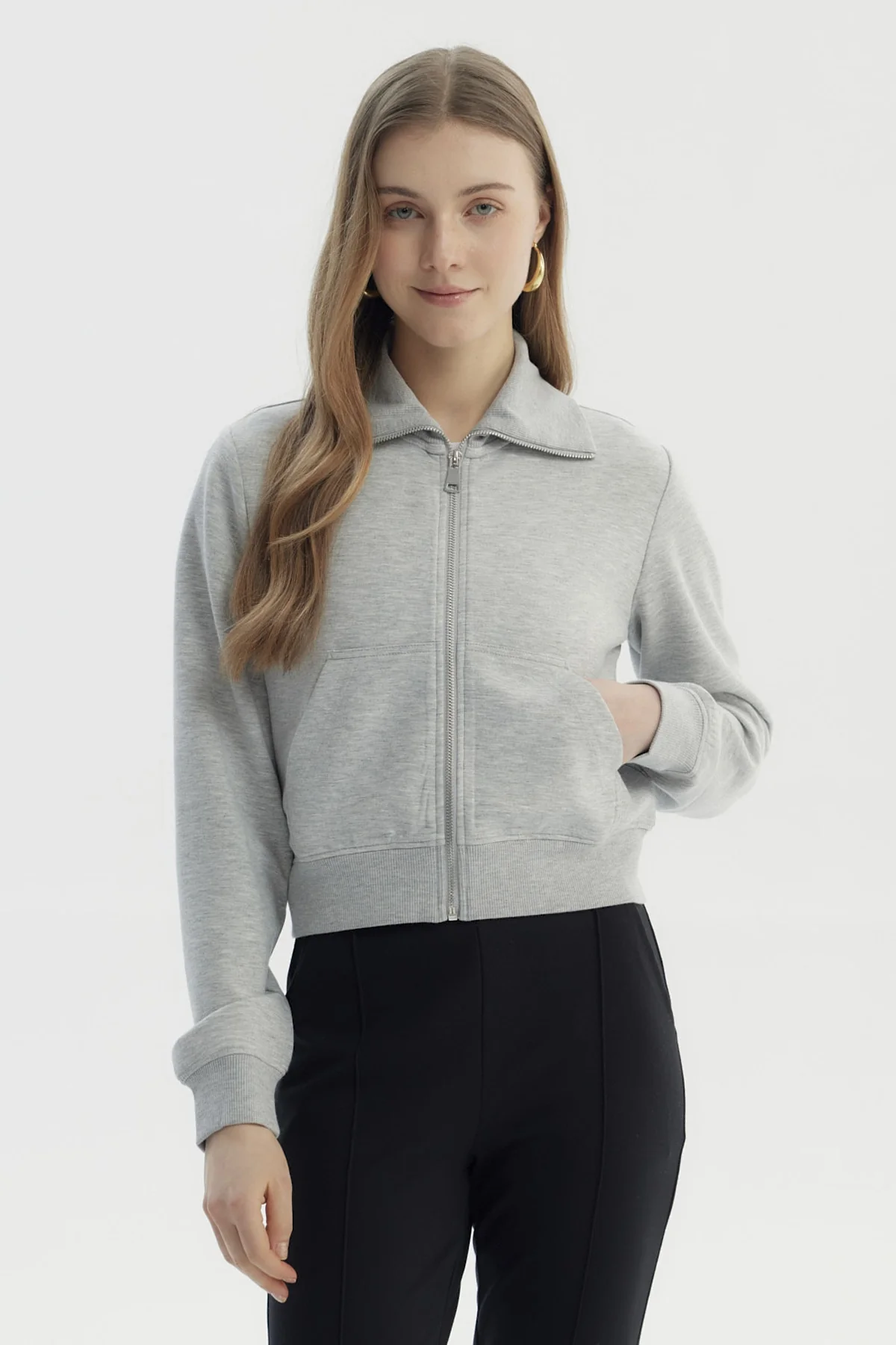 Polerón Mujer Cuello Alto Full Zipper Gris Melange