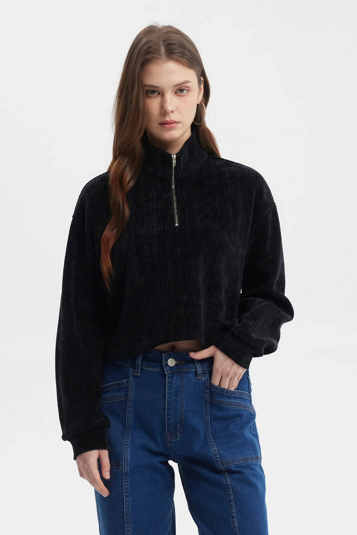 Polerón Mujer Slim Half Zipper Negro