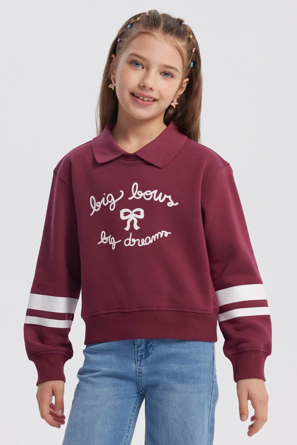 Polerón Niña Slim Cuello Camisero Burdeo