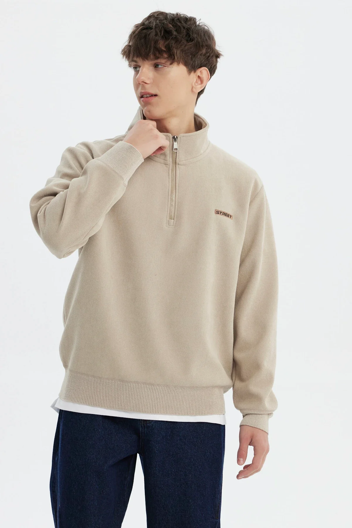 Sweater Hombre Slim Half Zipper Beige