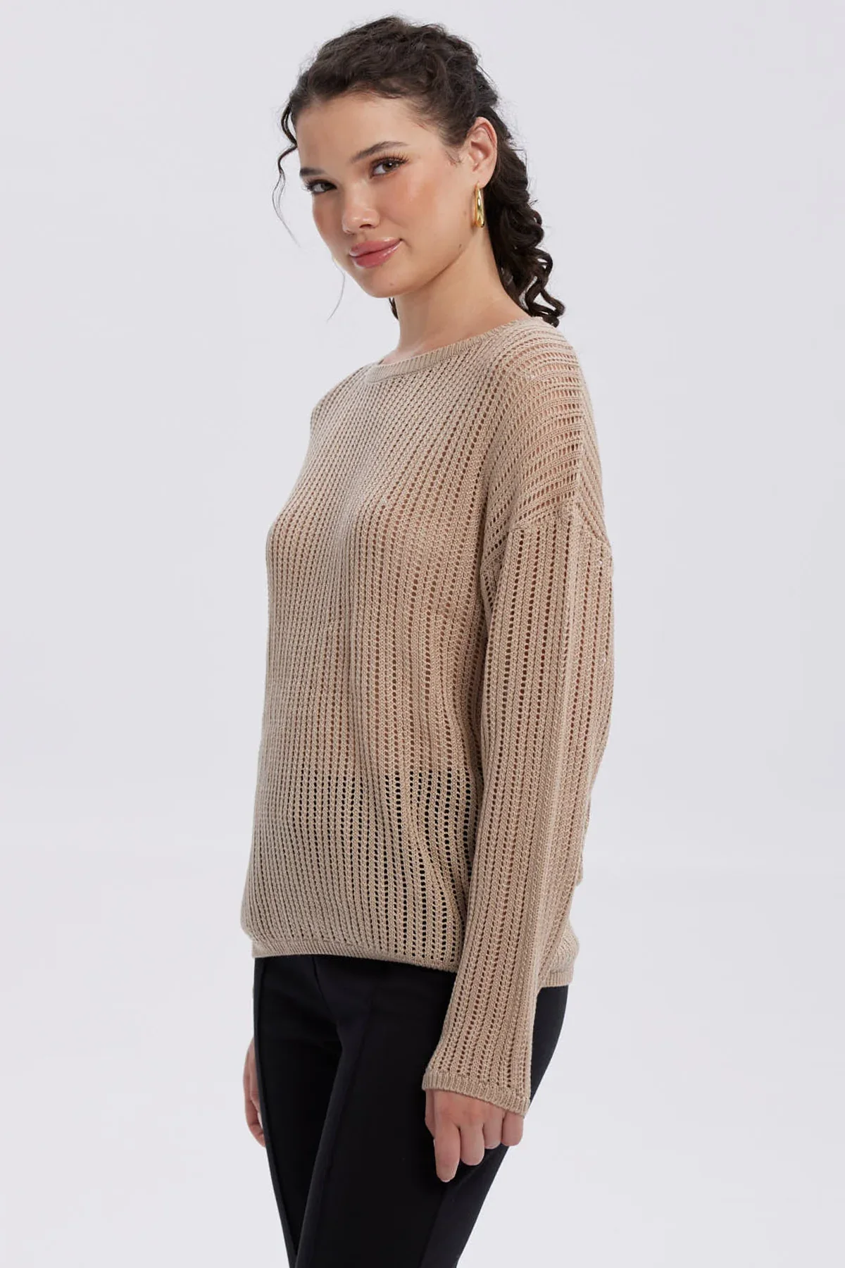 Sweater Mujer Calado Casual Beige - Image 2
