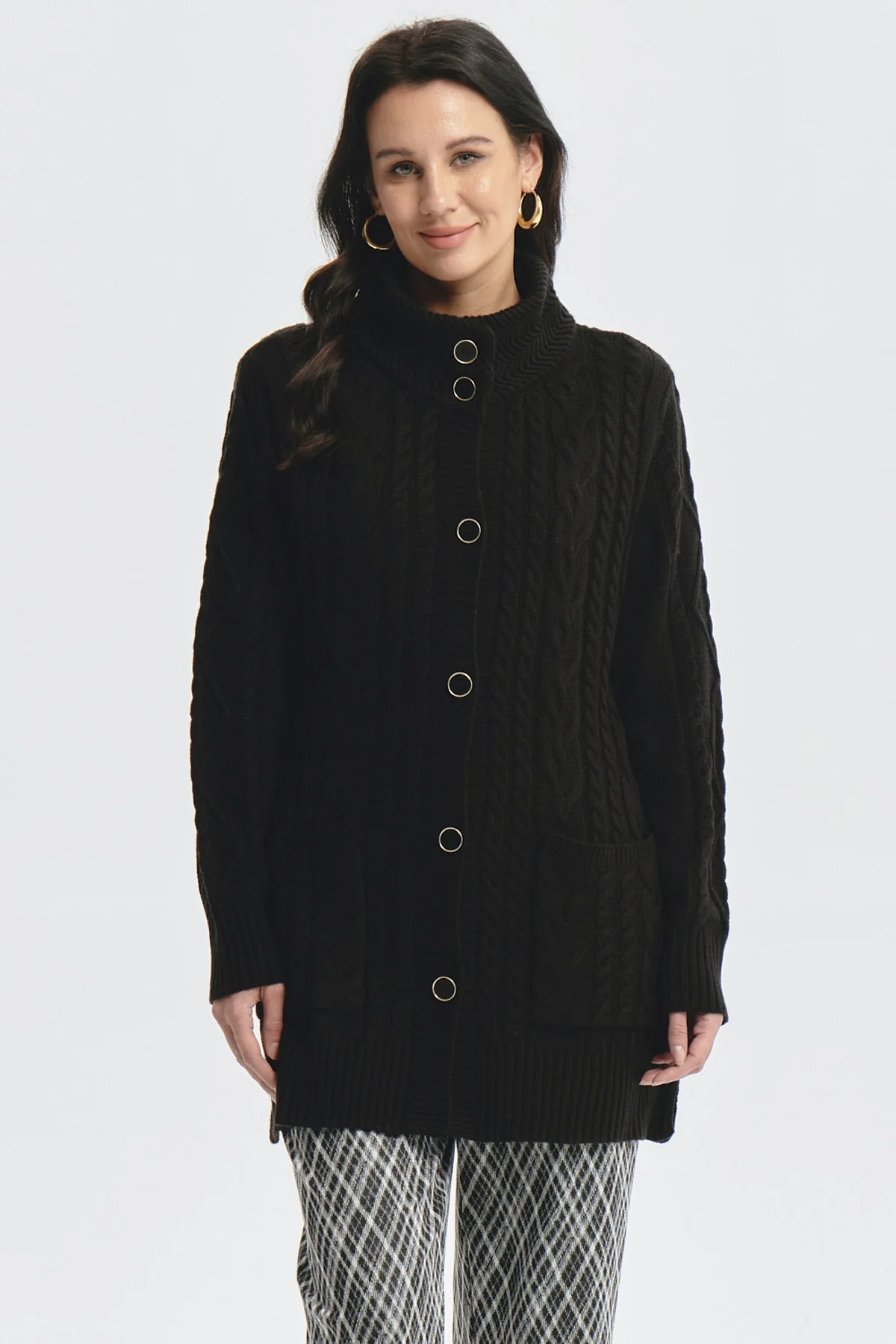 Sweater Mujer Largo Con Botón Negro