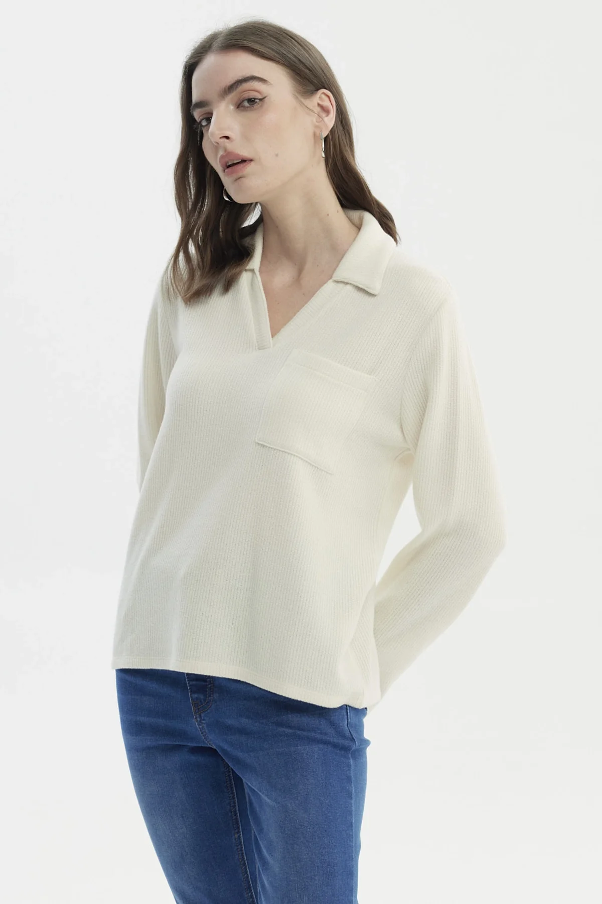 Sweater Mujer Slim Cuello Camisero Crema - Image 2