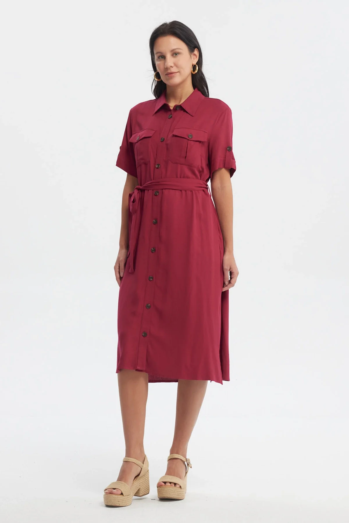 Vestido Mujer Camisero Con Cinturón Rojo - Image 2