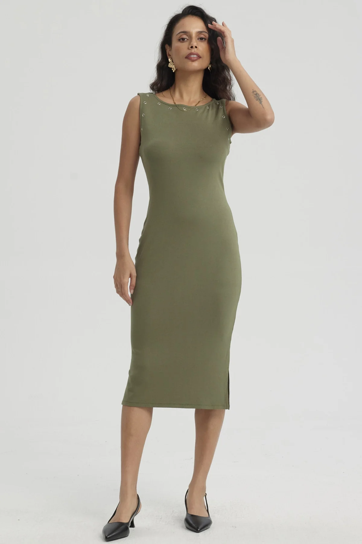 Vestido Mujer Largo Con Ojetillo Verde Musgo - Image 4